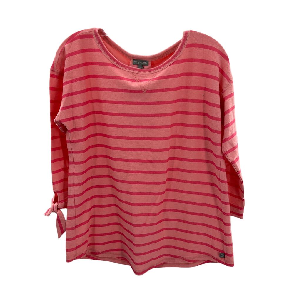 T by Talbots Pink Red Striped Long Sleeve Tie Cuff Pullover Top Women Sz S NWT
